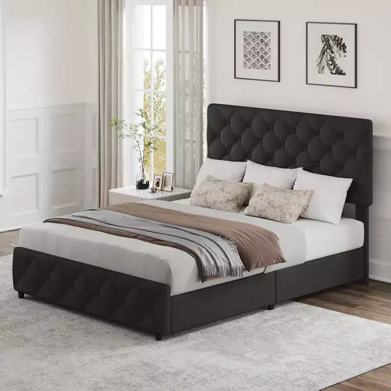 Upholstered Full Platform Bed Frame with 4 Storage Drawers Adjustable Headboard, PU Leather Platform Storage Bedframe