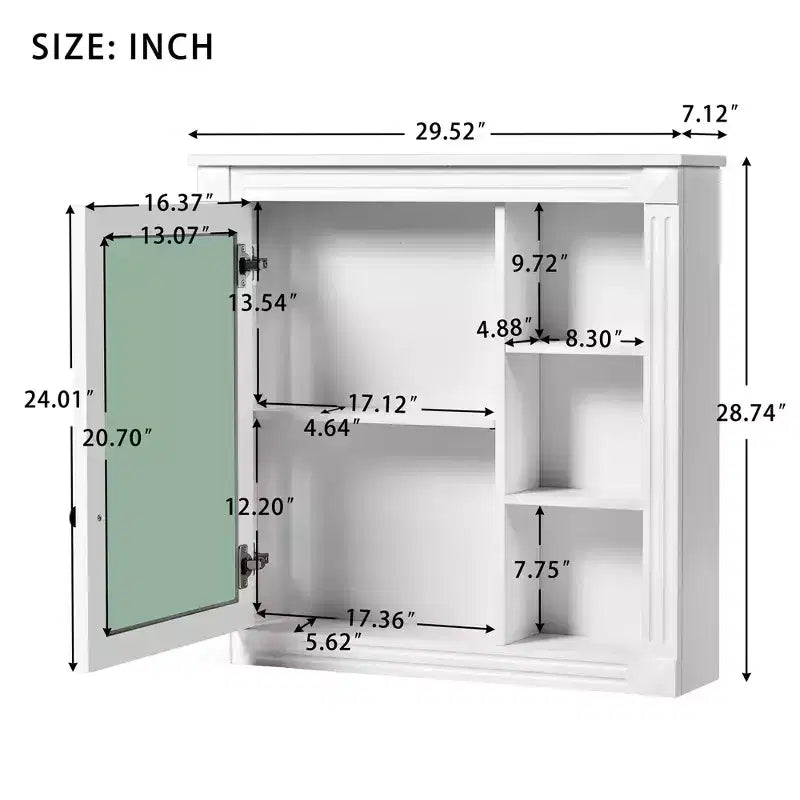 30"W x 28"H opbouw medicijnkastje met spiegel, soft-close scharnieren en open opbergruimte