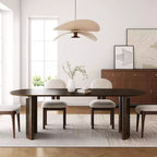 67" Oval Dining Table for 4–6, Arc-Edge Top & Rattan Woven Base, Farmhouse Walnut