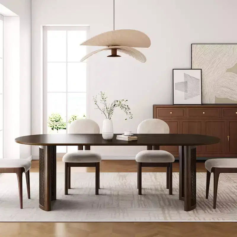 67" Oval Dining Table for 4–6, Arc-Edge Top & Rattan Woven Base, Farmhouse Walnut