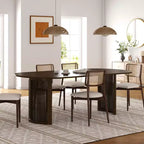 67" Oval Dining Table for 4–6, Arc-Edge Top & Rattan Woven Base, Farmhouse Walnut