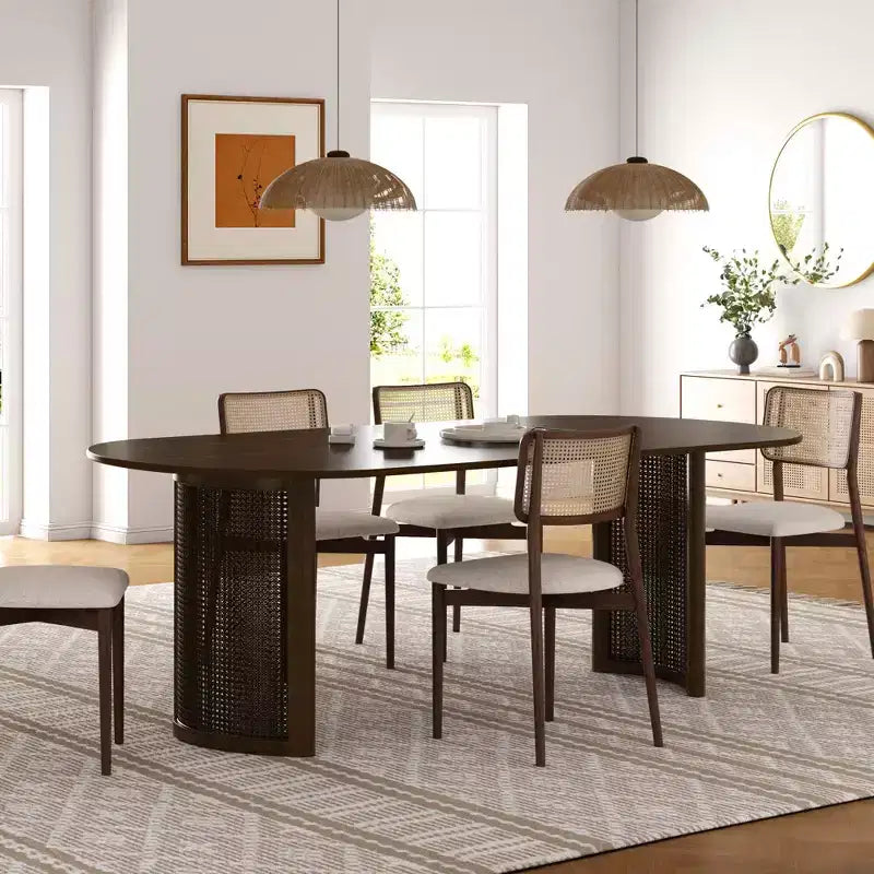 67" Oval Dining Table for 4–6, Arc-Edge Top & Rattan Woven Base, Farmhouse Walnut