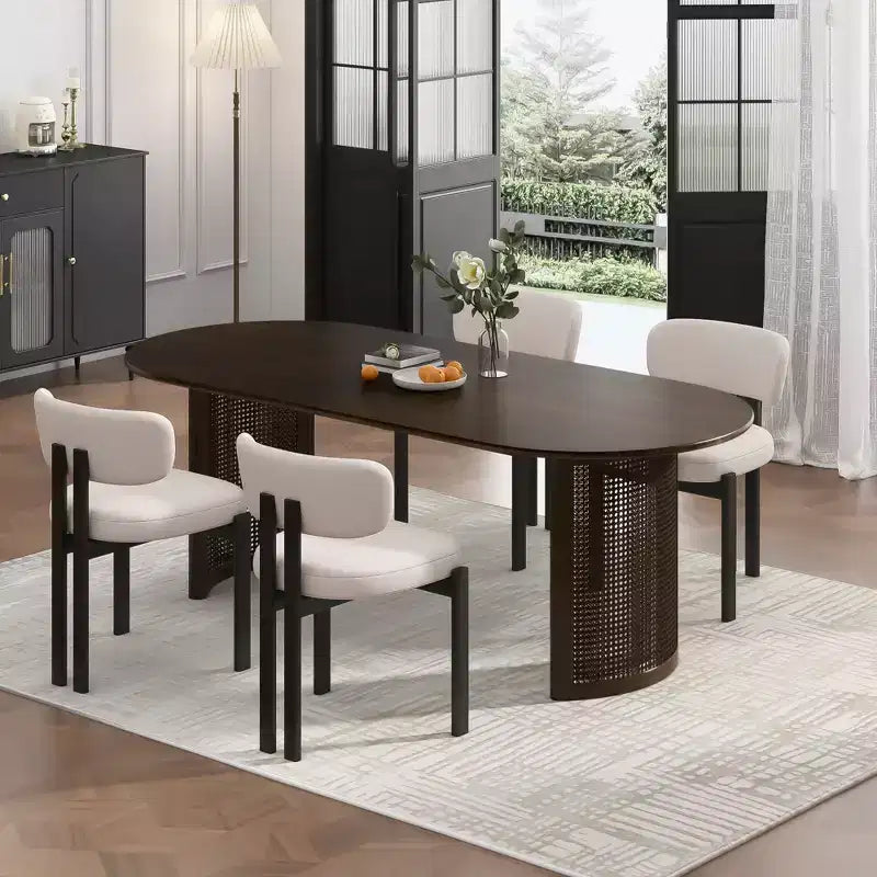 67" Oval Dining Table for 4–6, Arc-Edge Top & Rattan Woven Base, Farmhouse Walnut
