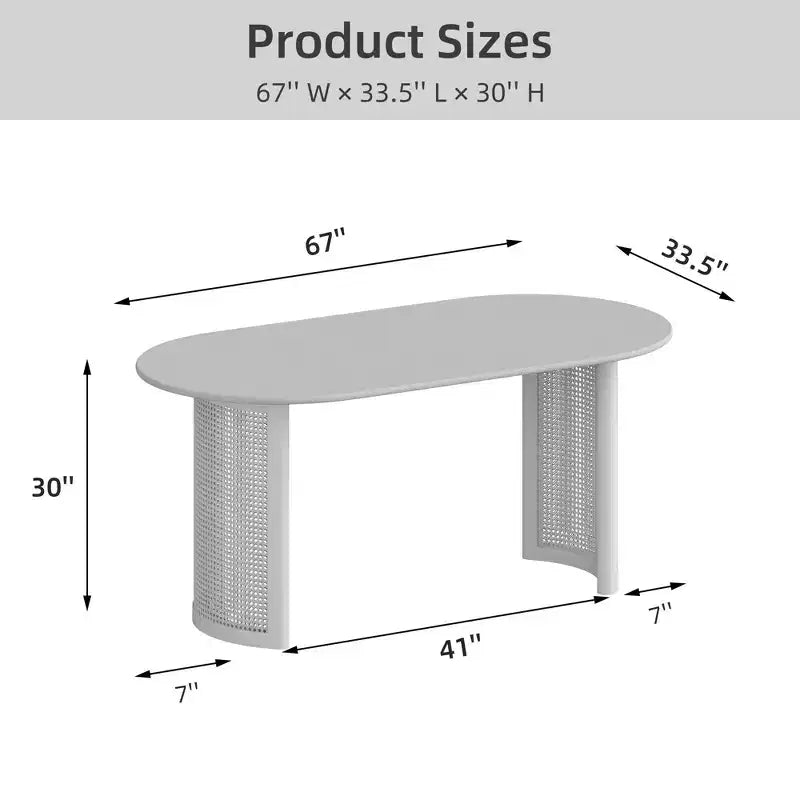 67" Oval Dining Table for 4–6, Arc-Edge Top & Rattan Woven Base, Farmhouse Walnut