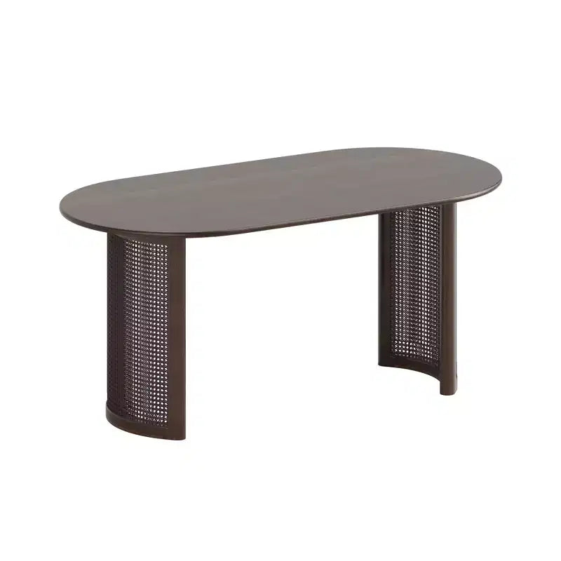 67" Oval Dining Table for 4–6, Arc-Edge Top & Rattan Woven Base, Farmhouse Walnut