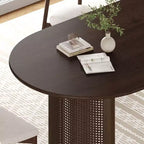 67" Oval Dining Table for 4–6, Arc-Edge Top & Rattan Woven Base, Farmhouse Walnut