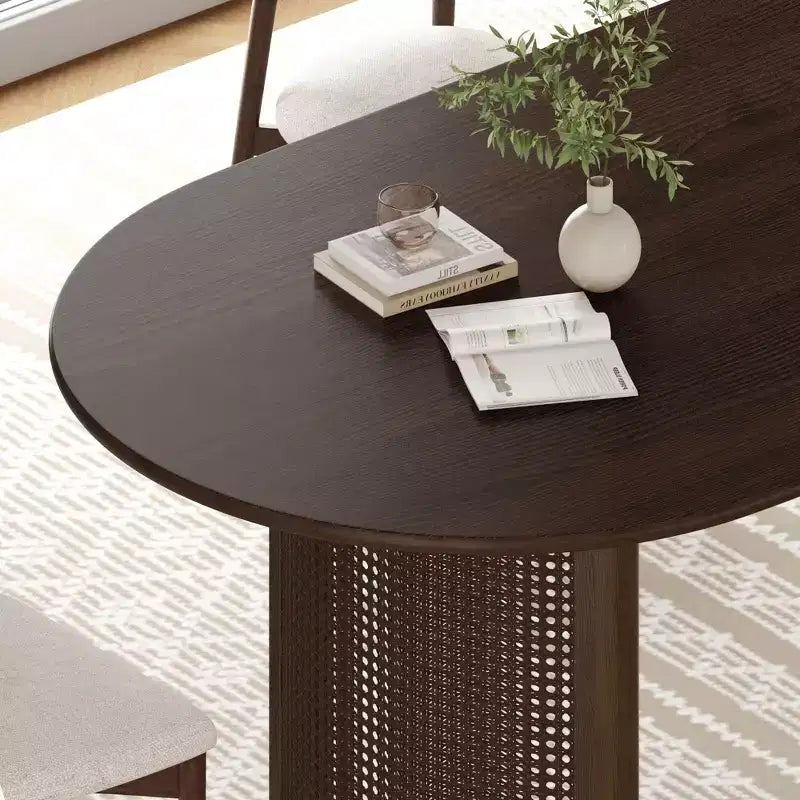 67" Oval Dining Table for 4–6, Arc-Edge Top & Rattan Woven Base, Farmhouse Walnut