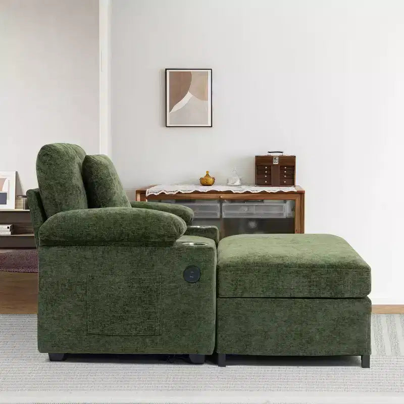 Oversized Chenille Sofa with Ottoman, Cupholders, Lumbar Support & Storage Armrests, Green