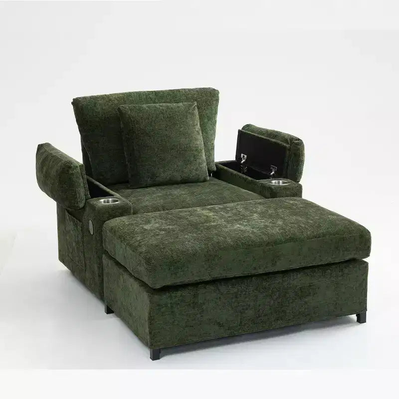 Oversized Chenille Sofa with Ottoman, Cupholders, Lumbar Support & Storage Armrests, Green