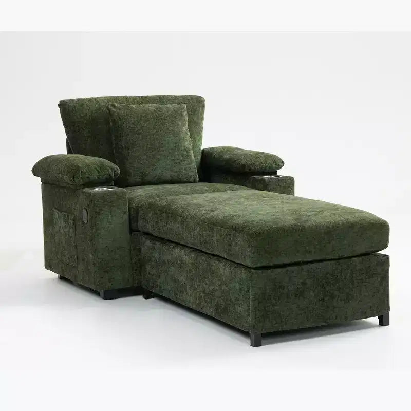 Oversized Chenille Sofa with Ottoman, Cupholders, Lumbar Support & Storage Armrests, Green